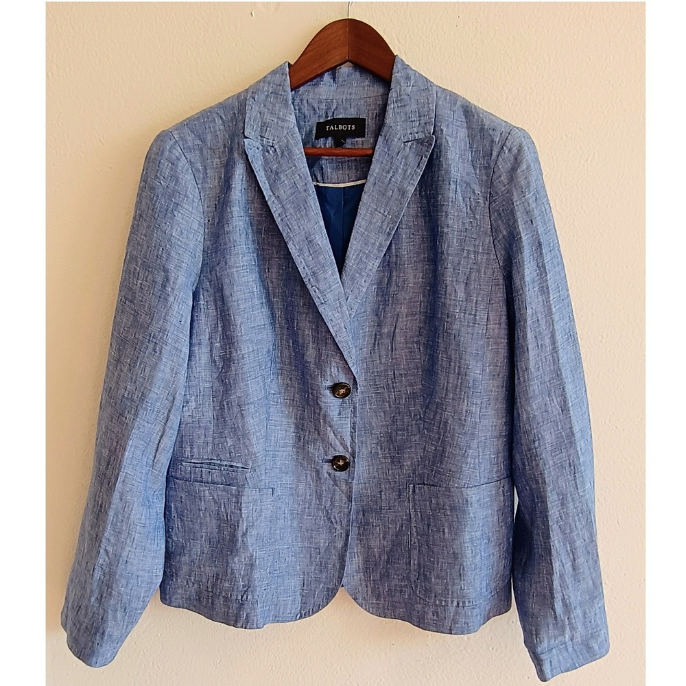 Talbots Womens Light Blue 100% Linen Two Button Blazer Jacket Sz 12 Professional